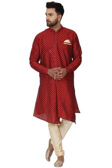 Red embroidered art silk kurta-pajama