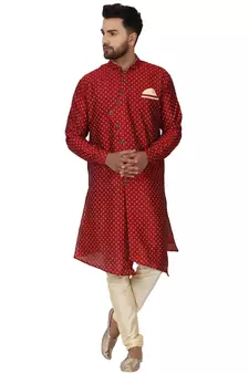 Red embroidered art silk kurta-pajama
