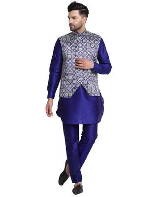 Blue printed art silk kurta-pajama 1