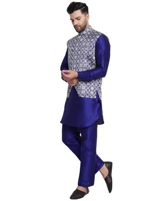 Blue printed art silk kurta-pajama 3