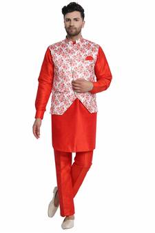 Red printed art silk kurta-pajama