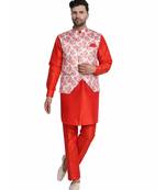 Red printed art silk kurta-pajama