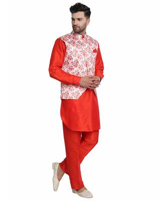 Red printed art silk kurta-pajama 2