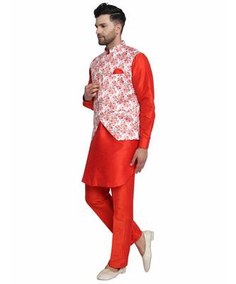 Red printed art silk kurta-pajama 3