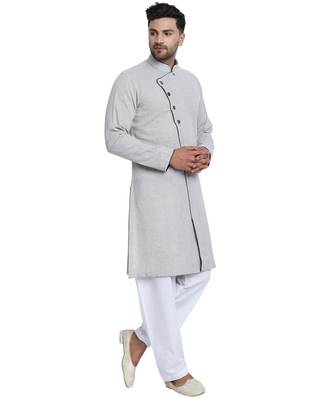 Grey plain cotton kurta-pajama 2