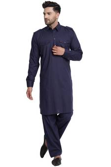 Blue plain cotton kurta-pajama