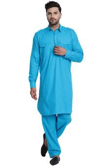 Turquoise plain cotton kurta-pajama