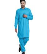 Turquoise plain cotton kurta-pajama