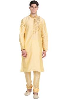 Beige embroidered art silk kurta-pajama