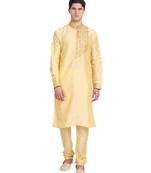 Beige embroidered art silk kurta-pajama