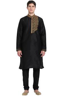 Black embroidered art silk kurta-pajama