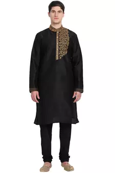 Black embroidered art silk kurta-pajama