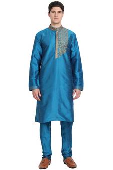 Turquoise embroidered art silk kurta-pajama
