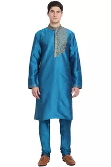 Turquoise embroidered art silk kurta-pajama