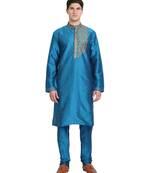 Turquoise embroidered art silk kurta-pajama