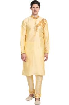 Beige embroidered art silk kurta-pajama