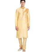 Beige embroidered art silk kurta-pajama