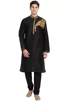 Black embroidered art silk kurta-pajama