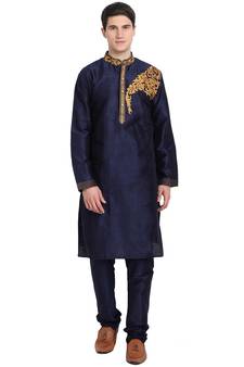 Blue embroidered art silk kurta-pajama