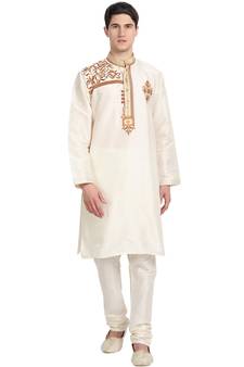 White embroidered art silk kurta-pajama