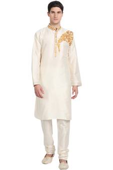 White embroidered art silk kurta-pajama