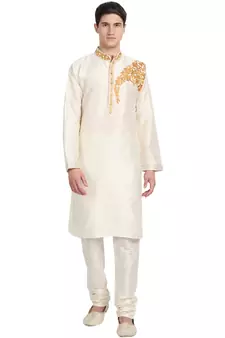 White embroidered art silk kurta-pajama