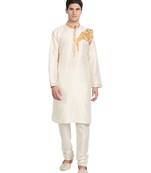 White embroidered art silk kurta-pajama