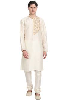 White embroidered art silk kurta-pajama