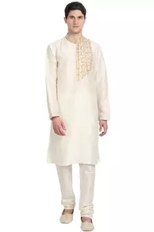 White embroidered art silk kurta-pajama