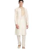 White embroidered art silk kurta-pajama