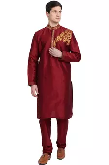 Red embroidered art silk kurta-pajama