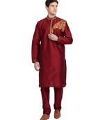 Red embroidered art silk kurta-pajama