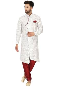 White embroidered art silk kurta-pajama
