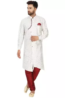 White embroidered art silk kurta-pajama