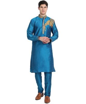 Turquoise embroidered art silk kurta-pajama 1