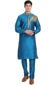 Turquoise embroidered art silk kurta-pajama