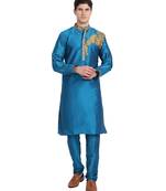 Turquoise embroidered art silk kurta-pajama