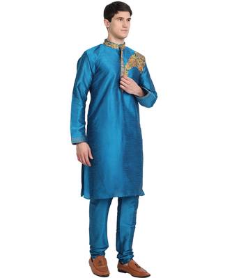Turquoise embroidered art silk kurta-pajama 2