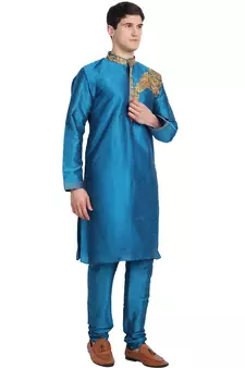 Turquoise embroidered art silk kurta-pajama