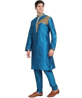 Turquoise embroidered art silk kurta-pajama 3