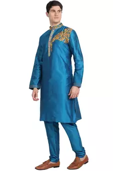Turquoise embroidered art silk kurta-pajama