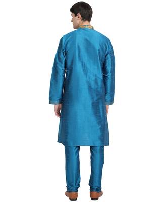 Turquoise embroidered art silk kurta-pajama 4