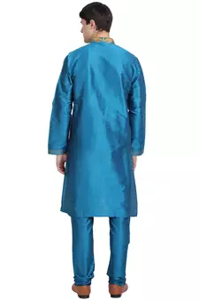 Turquoise embroidered art silk kurta-pajama