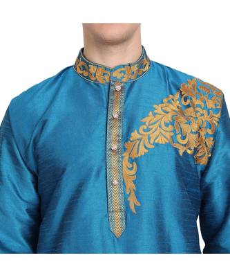 Turquoise embroidered art silk kurta-pajama 5