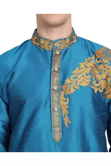 Turquoise embroidered art silk kurta-pajama