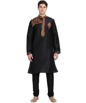 Black embroidered art silk kurta-pajama 1