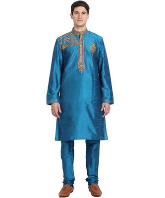 Turquoise embroidered art silk kurta-pajama 1