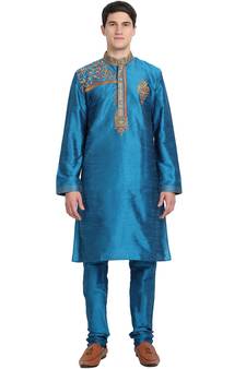 Turquoise embroidered art silk kurta-pajama