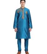 Turquoise embroidered art silk kurta-pajama