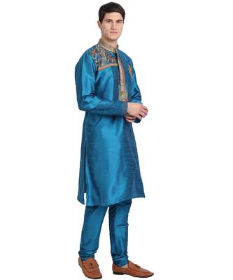 Turquoise embroidered art silk kurta-pajama 2